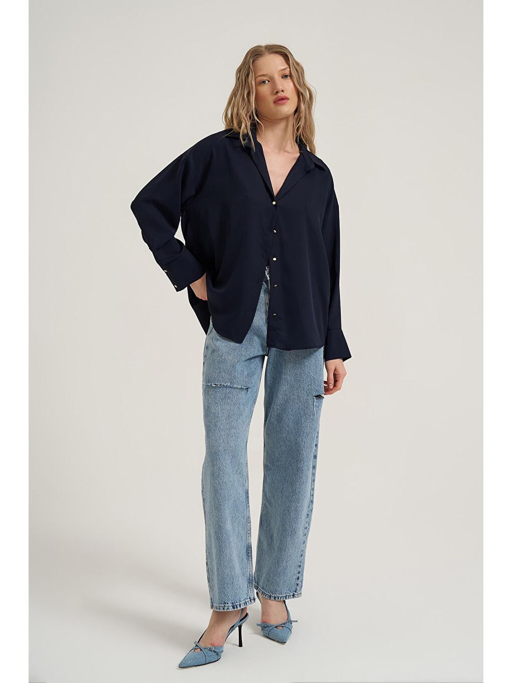 Düğmeli Basic Gömlek Lacivert-2