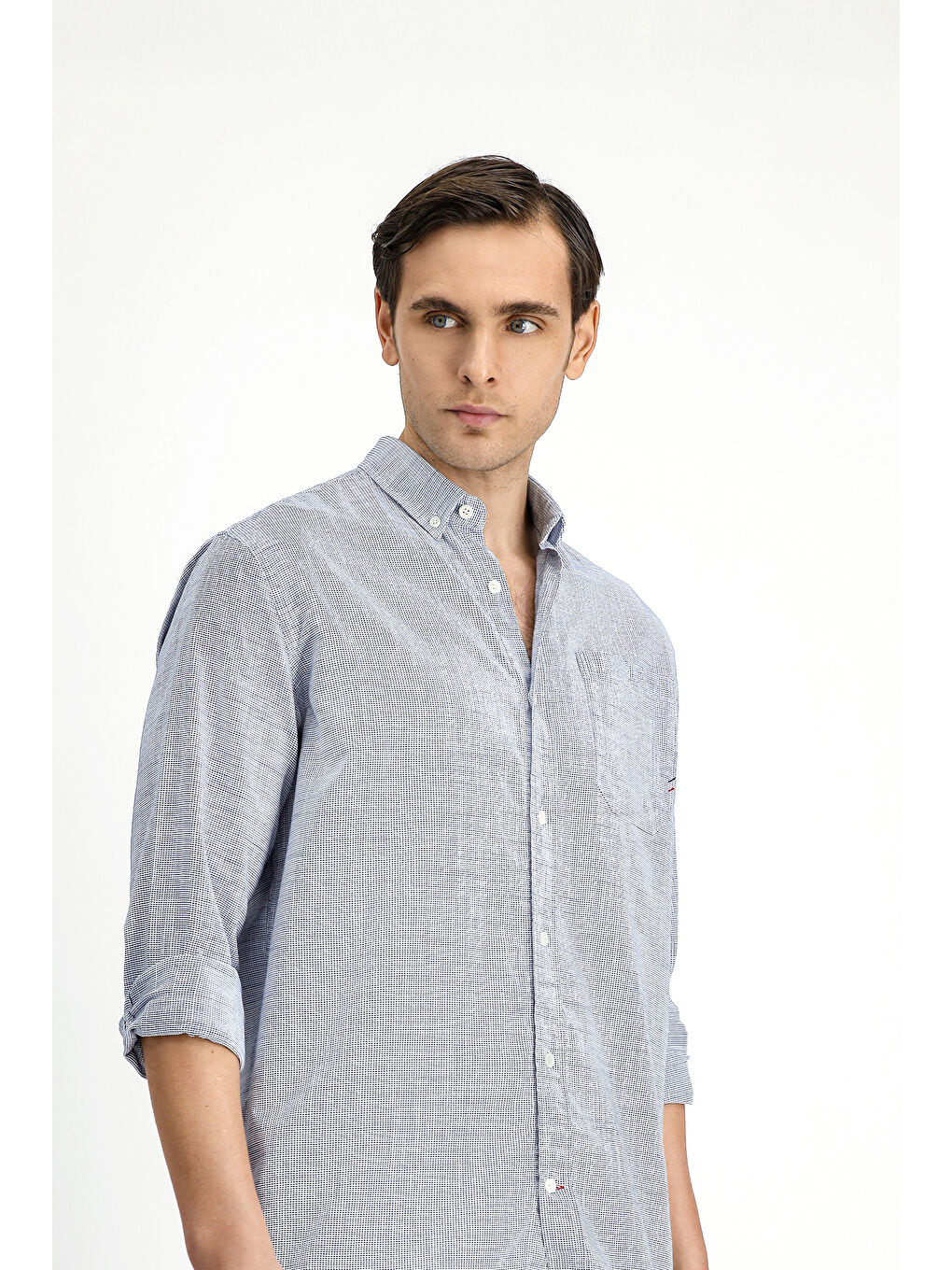 Beyaz Uzun Kol Regular Fit Desenli Pamuk Düğmeli Yaka Gömlek-2