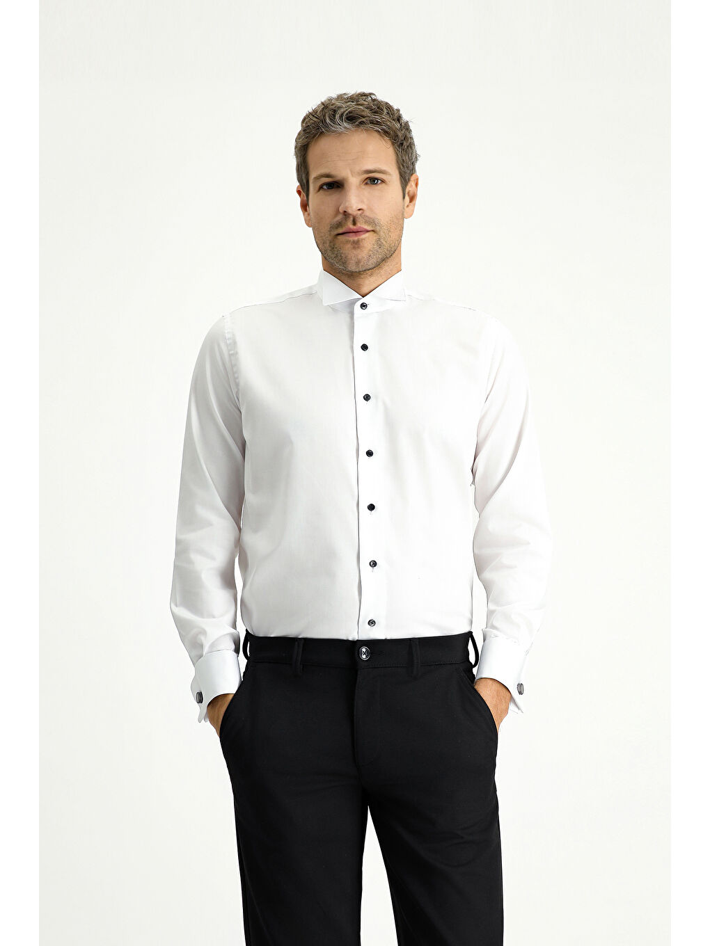 Beyaz Ata Yaka Slim Fit Dar Kesim Pamuklu Kolay Ütülenebilir Gömlek-2