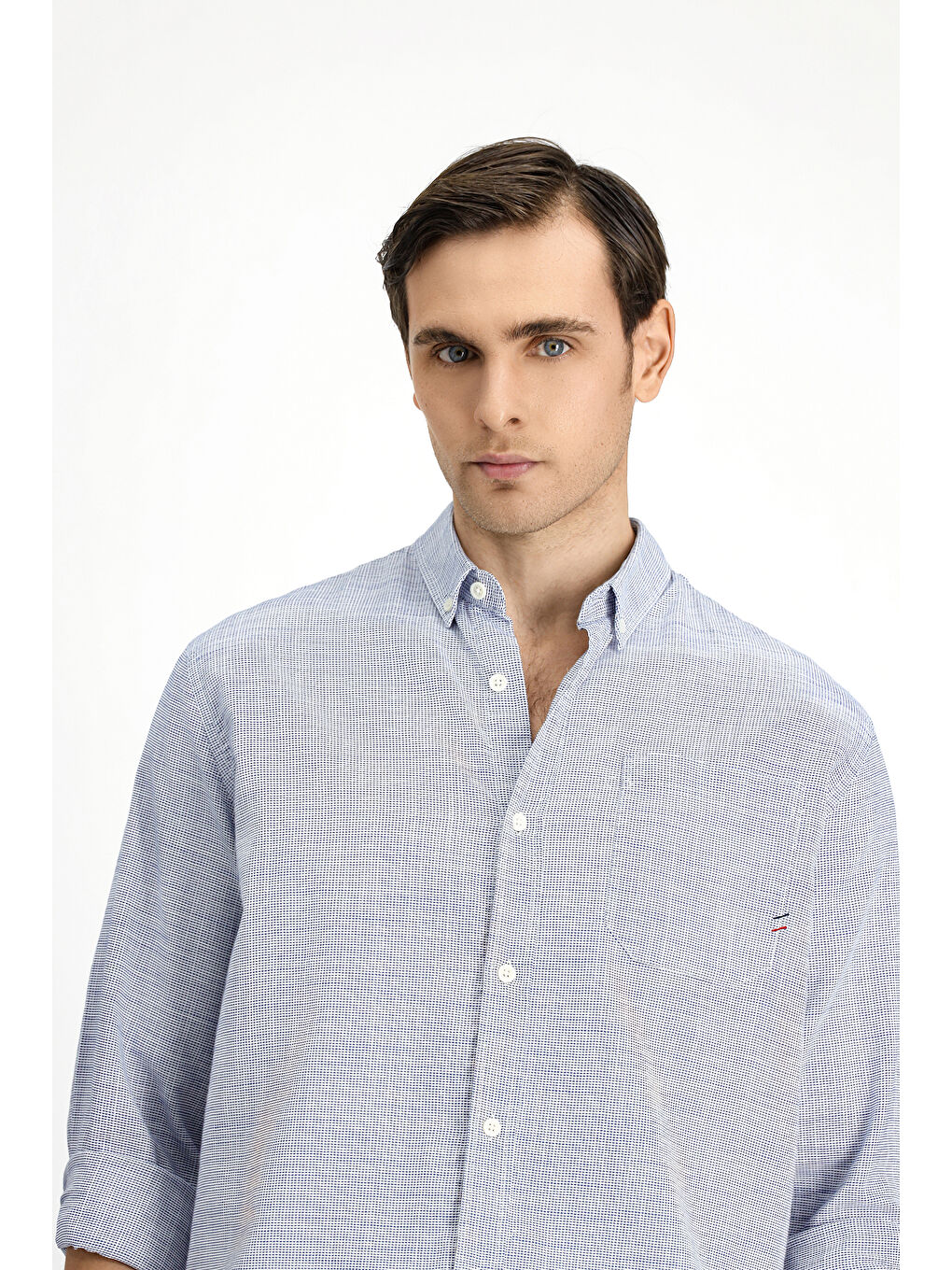 Beyaz Uzun Kol Regular Fit Desenli Pamuk Düğmeli Yaka Gömlek-3