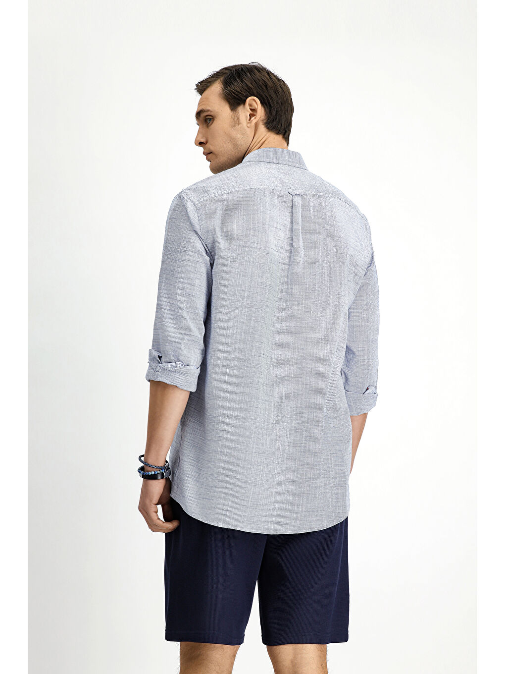 Beyaz Uzun Kol Regular Fit Desenli Pamuk Düğmeli Yaka Gömlek-4