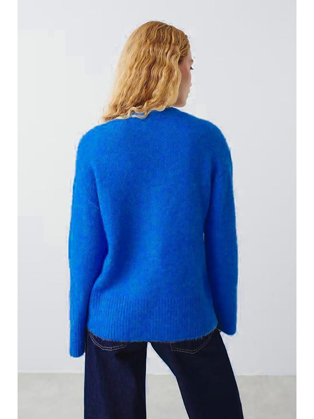 Mavi V Yaka Oversize Kadın Triko Kazak Mg2149-2