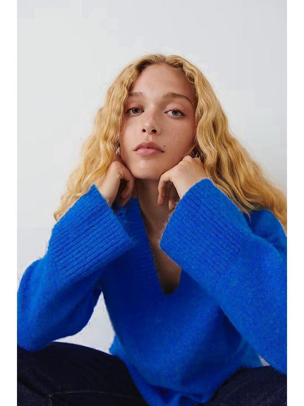 Mavi V Yaka Oversize Kadın Triko Kazak Mg2149-3