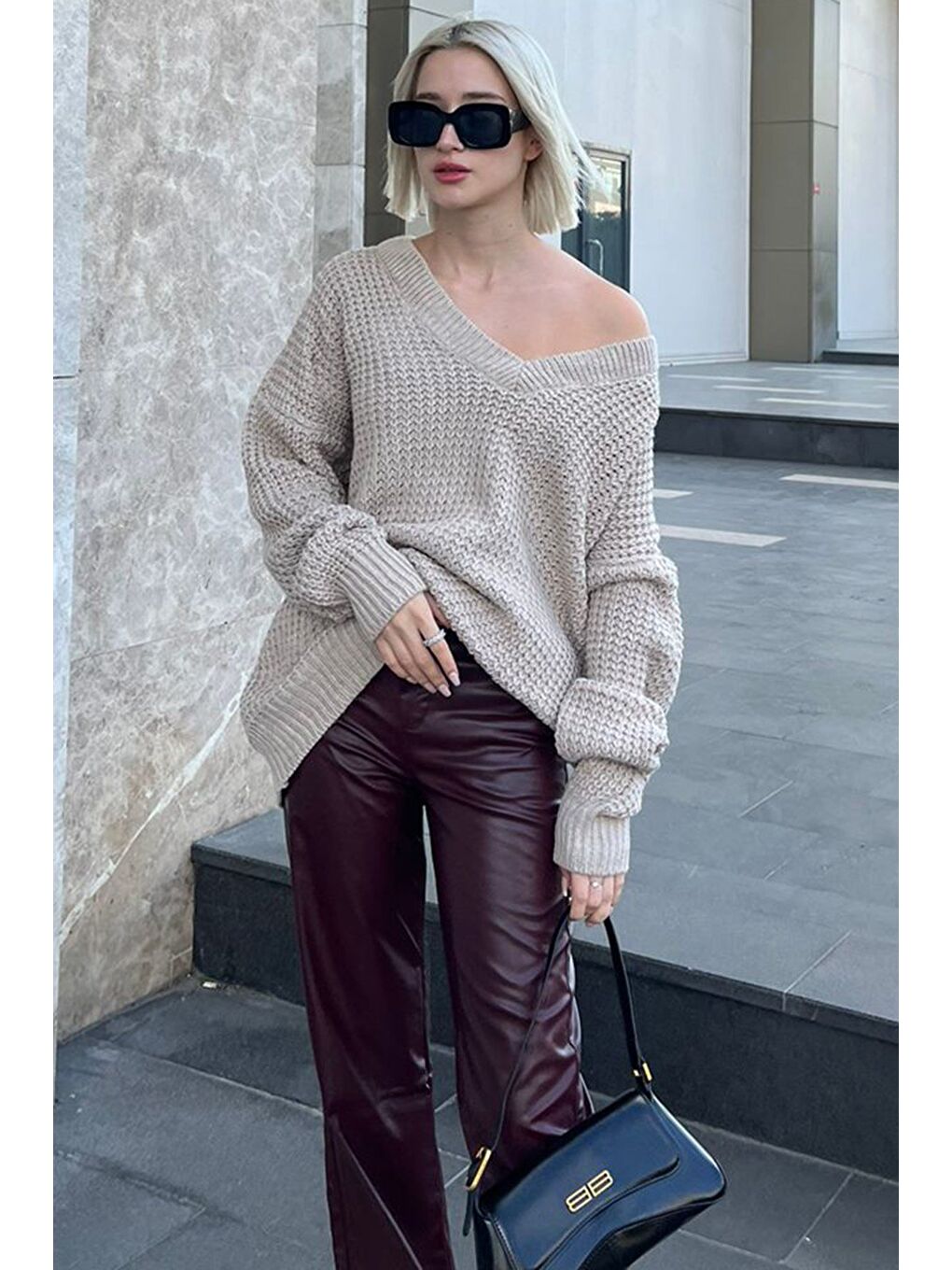 Bej Taş Oversize V Yaka Triko Kazak Mg1440-1