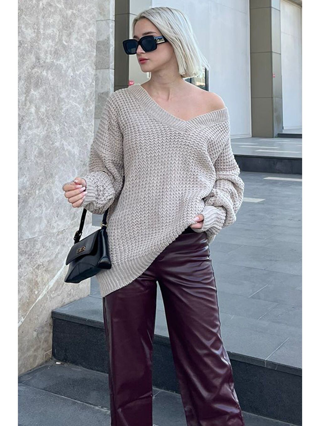 Bej Taş Oversize V Yaka Triko Kazak Mg1440-2