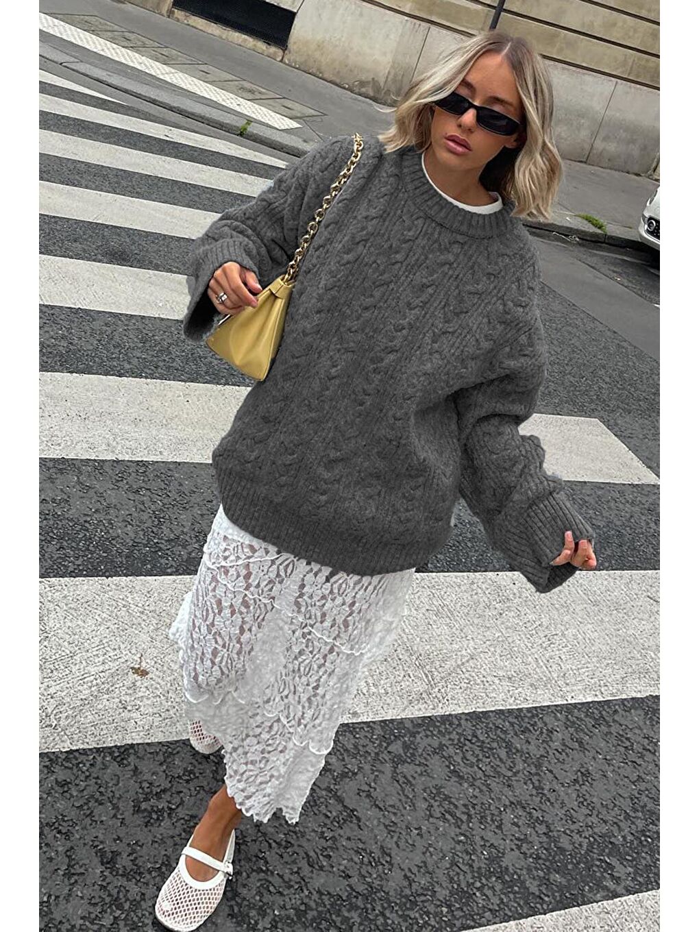 Antrasit Bisiklet Yaka Oversize Triko Kazak Mg1969