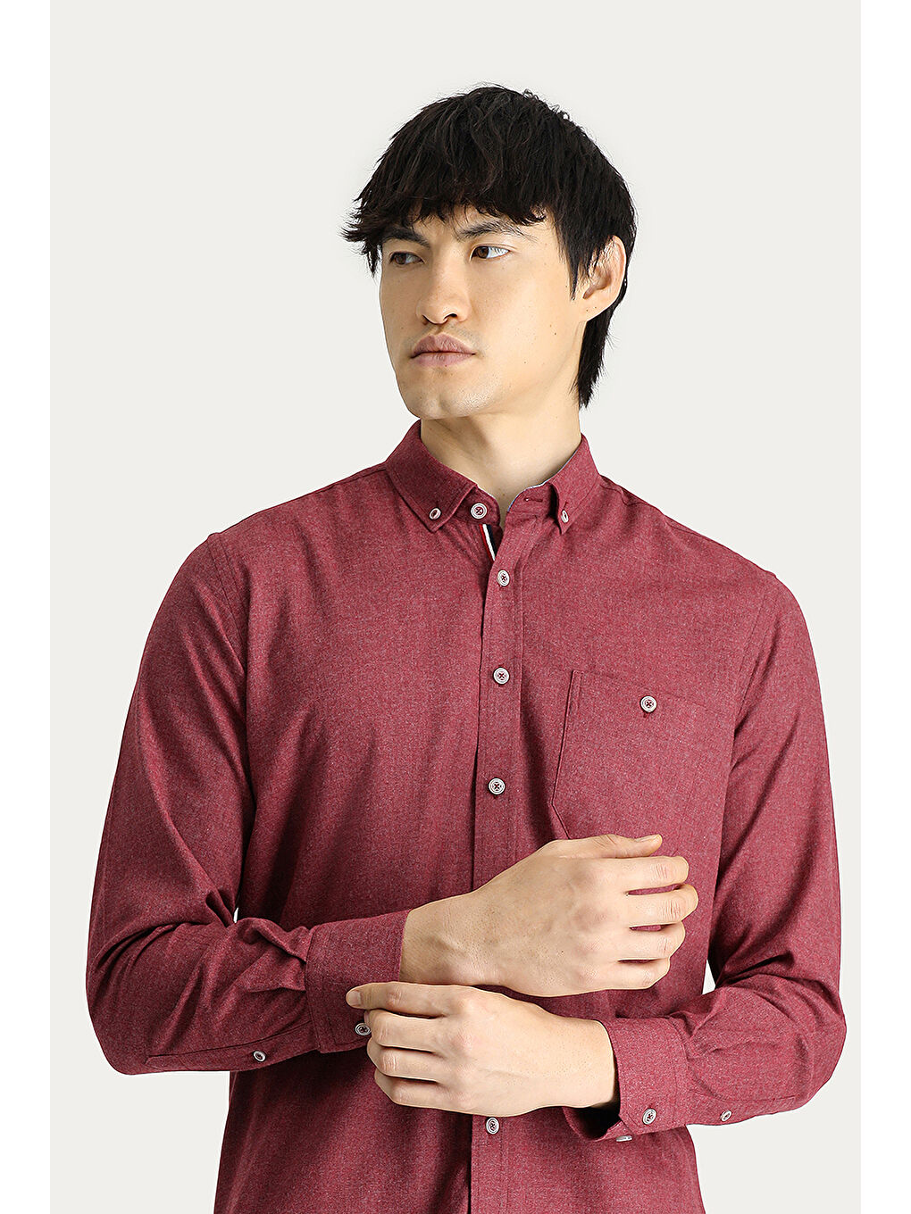 Bordo Uzun Kol Regular Fit Oduncu Düğmeli Yaka Gömlek-2