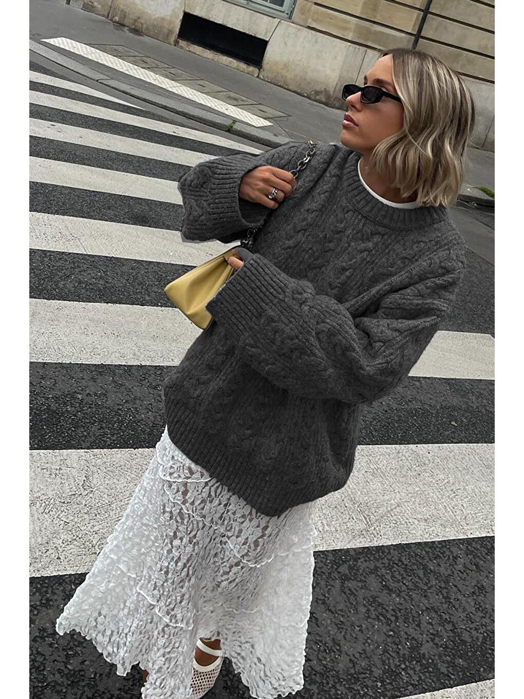 Antrasit Bisiklet Yaka Oversize Triko Kazak Mg1969-2