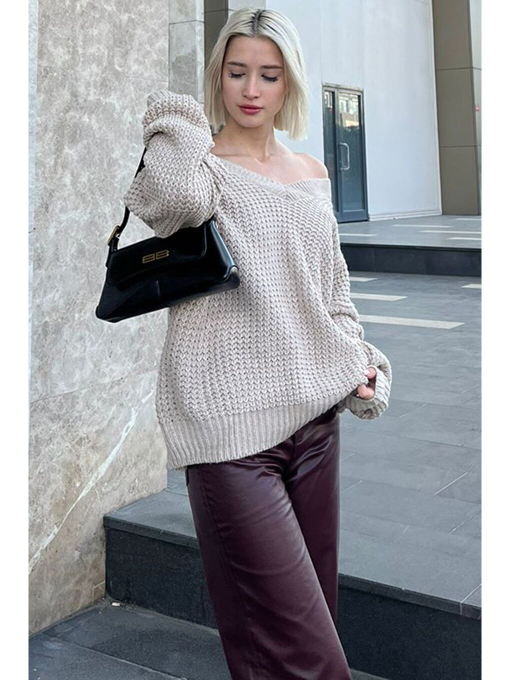 Bej Taş Oversize V Yaka Triko Kazak Mg1440-7