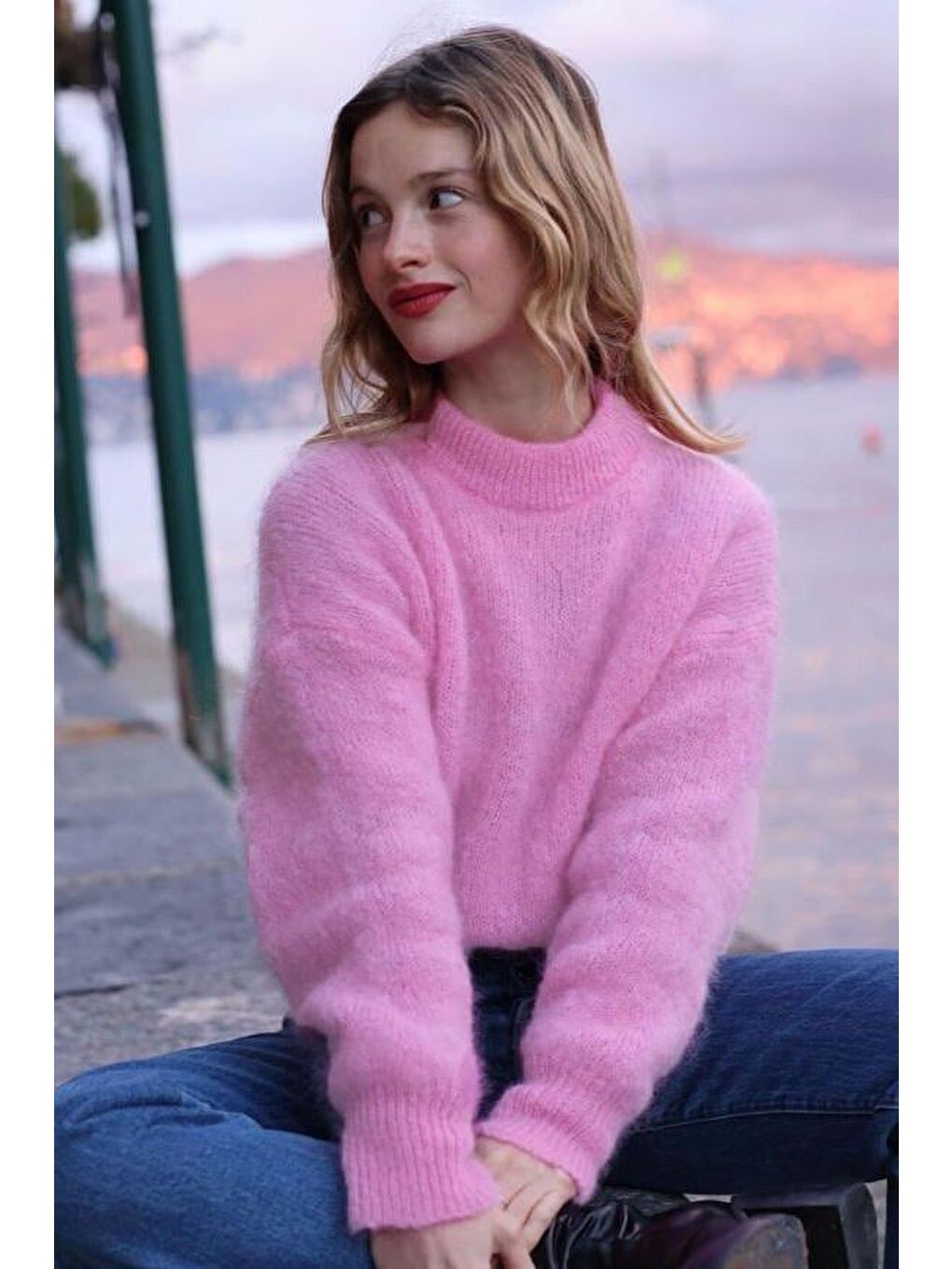 Pembe Oversize Kadın Triko Kazak Mg2263