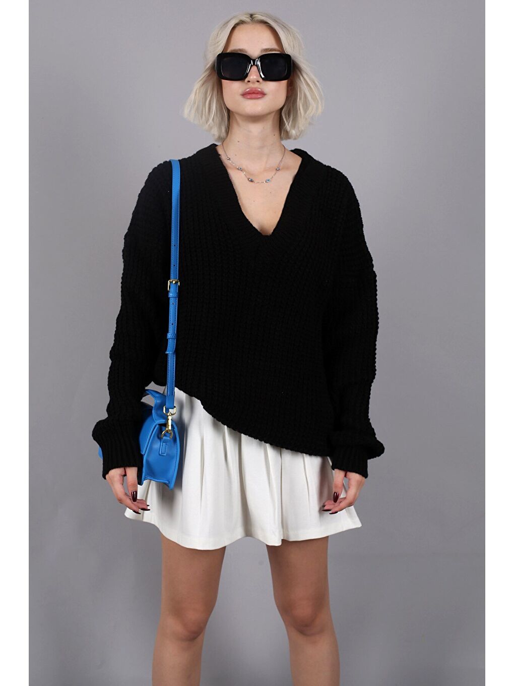 Siyah Oversize V Yaka Triko Kazak Mg1440-4