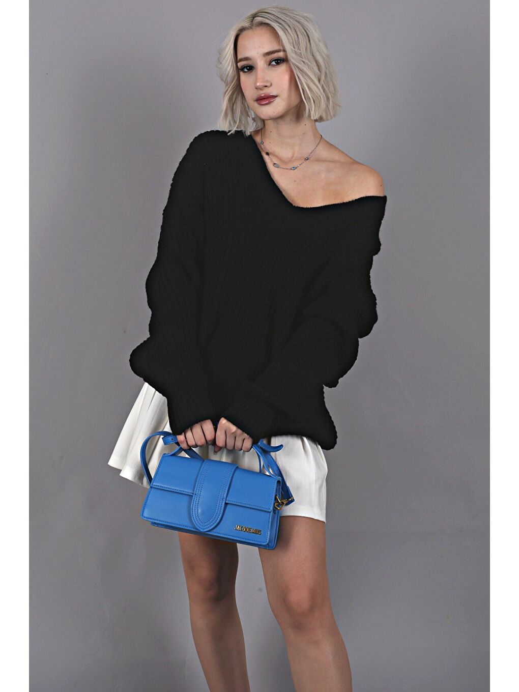 Siyah Oversize V Yaka Triko Kazak Mg1440-5