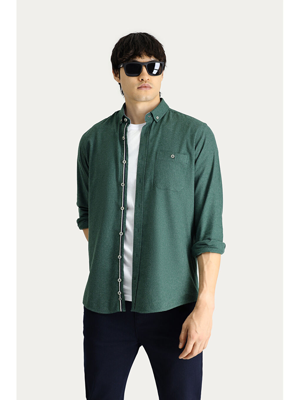 Yeşil Uzun Kol Regular Fit Düğmeli Yaka Gömlek-2