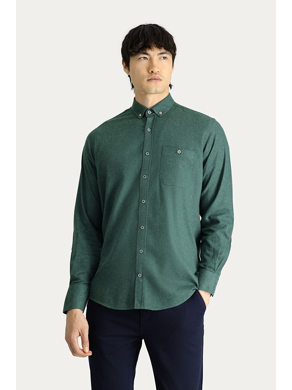 Yeşil Uzun Kol Regular Fit Düğmeli Yaka Gömlek-3