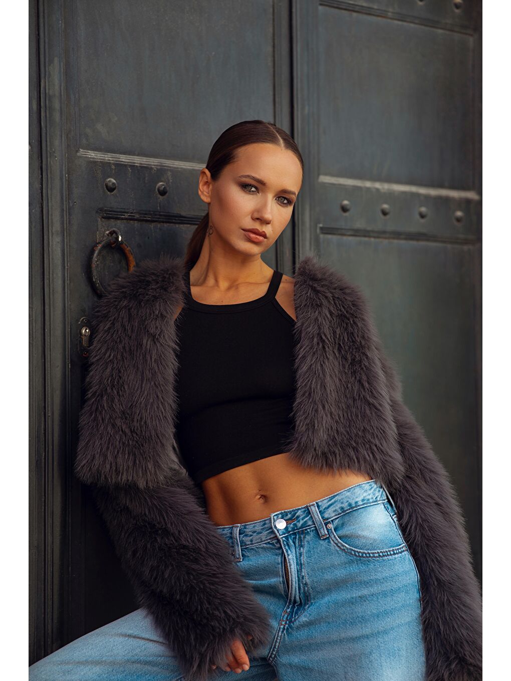 Antrasit Bisiklet Yaka Kadın Suni Kürk Mont Mg2176