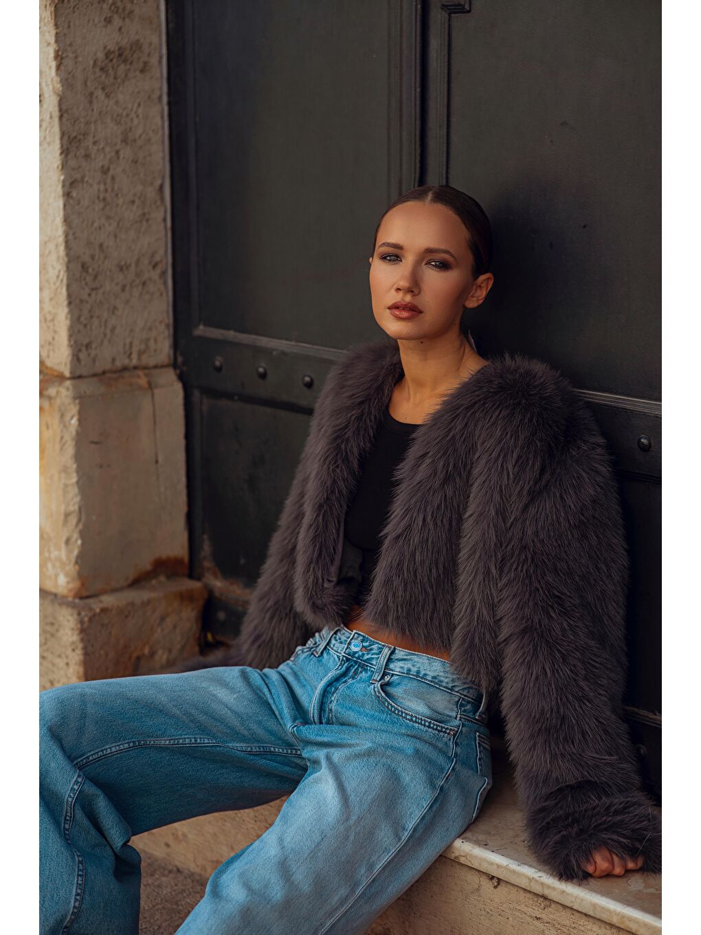 Antrasit Bisiklet Yaka Kadın Suni Kürk Mont Mg2176-1