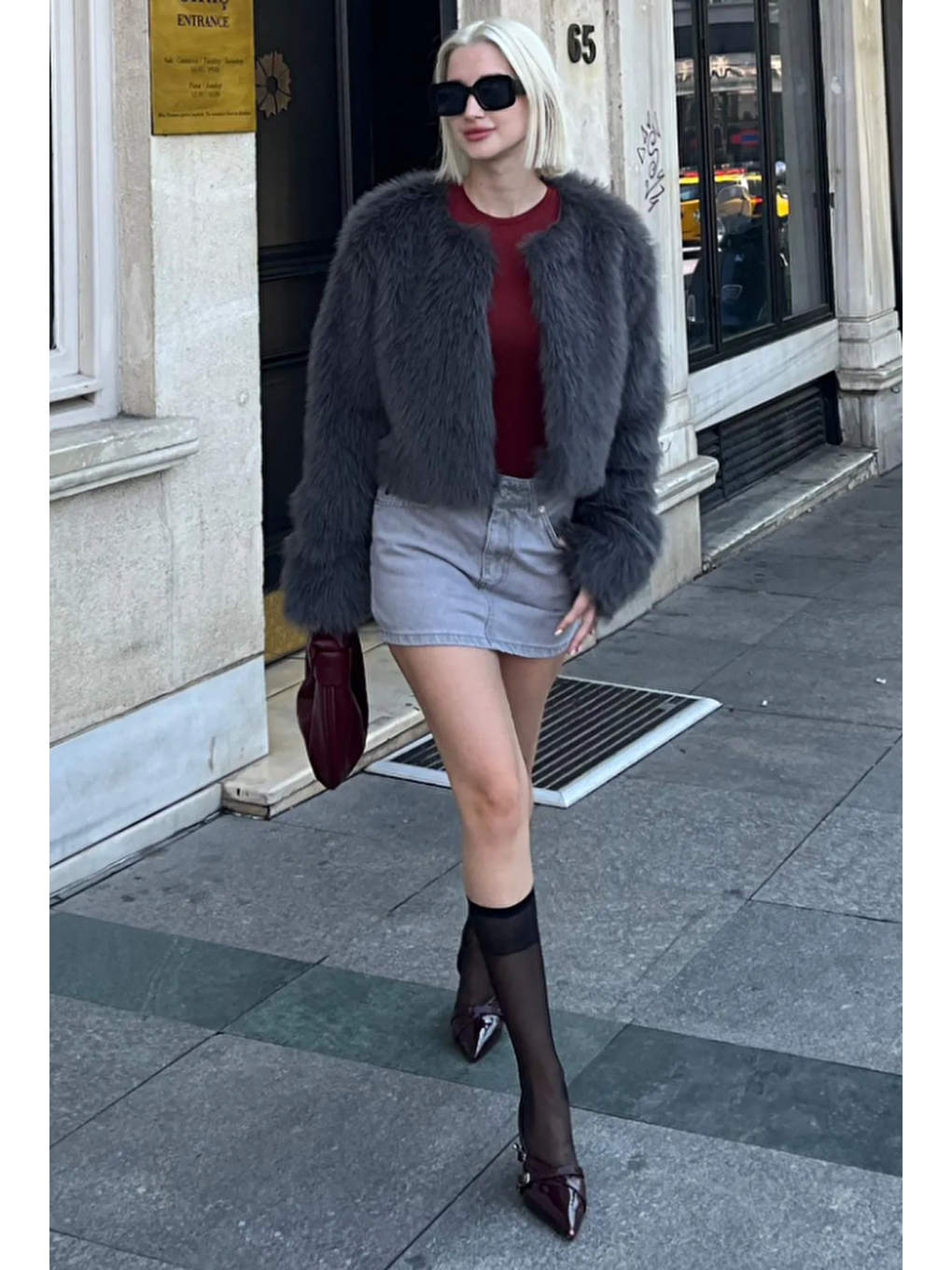 Antrasit Bisiklet Yaka Kadın Suni Kürk Mont Mg2176-2