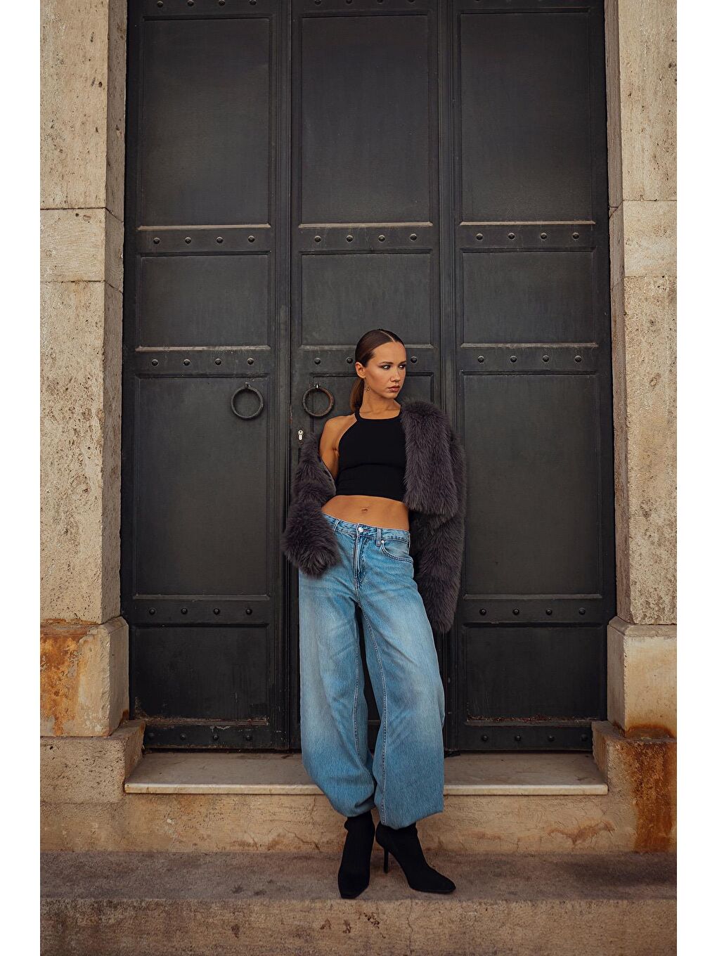 Antrasit Bisiklet Yaka Kadın Suni Kürk Mont Mg2176-3