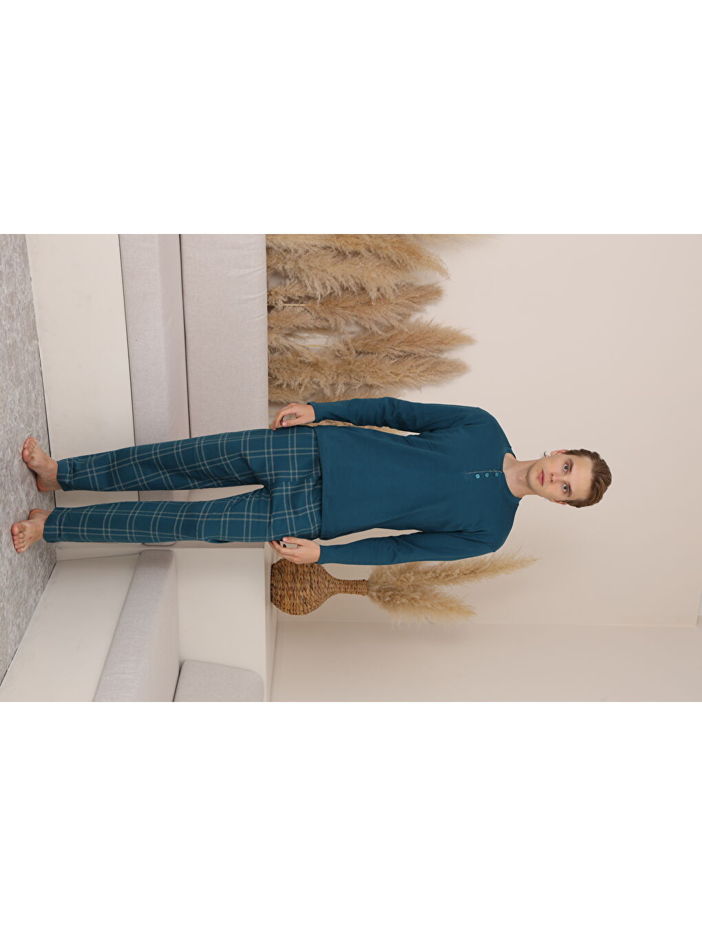 Mavi Erkek %100 Doğal Pamuk Ekoseli Düğmeli Uzun Kol Kaliteli Pijama Takımı