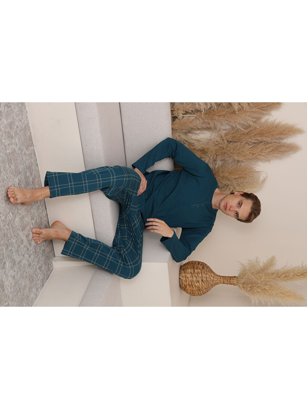 Mavi Erkek %100 Doğal Pamuk Ekoseli Düğmeli Uzun Kol Kaliteli Pijama Takımı-1