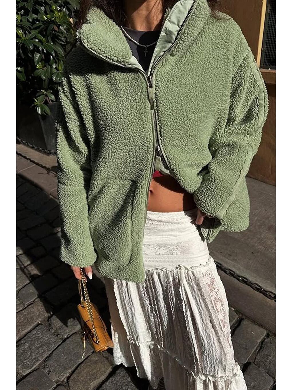 Mint Yeşili Dik Yakalı Cepli Peluş Mont Mg1966-1