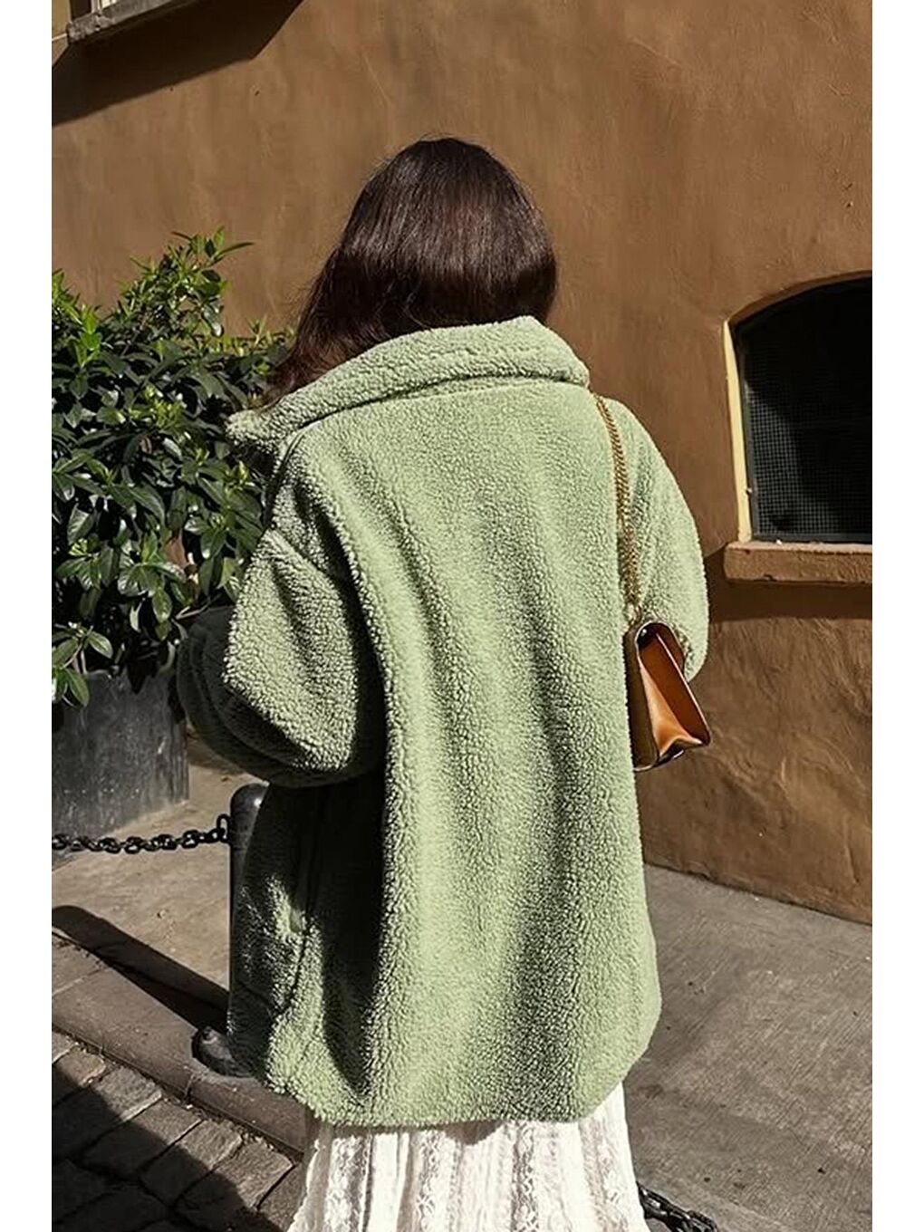 Mint Yeşili Dik Yakalı Cepli Peluş Mont Mg1966-2