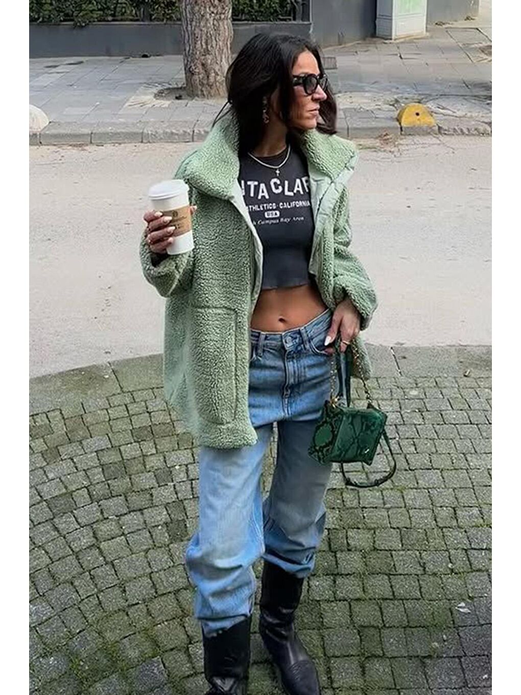 Mint Yeşili Dik Yakalı Cepli Peluş Mont Mg1966-3