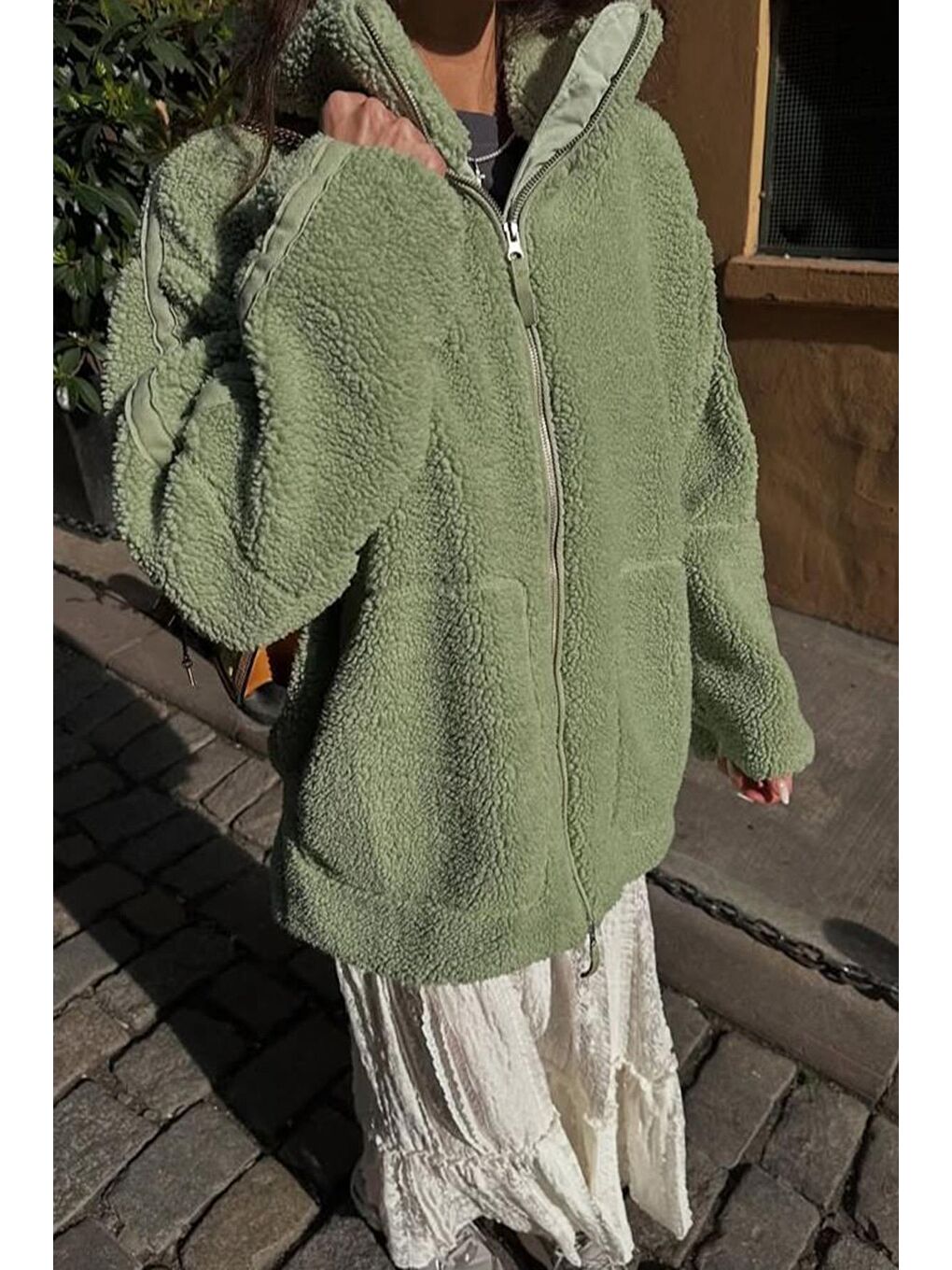 Mint Yeşili Dik Yakalı Cepli Peluş Mont Mg1966-4