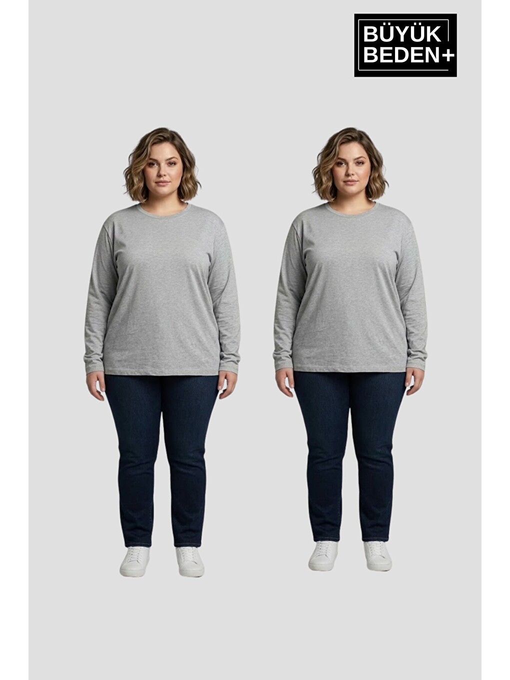 Gri Kadın Büyük Beden 2'li Set Uzun Kollu 2 İplik Bisiklet Yaka Tişört Spr26bea942+2