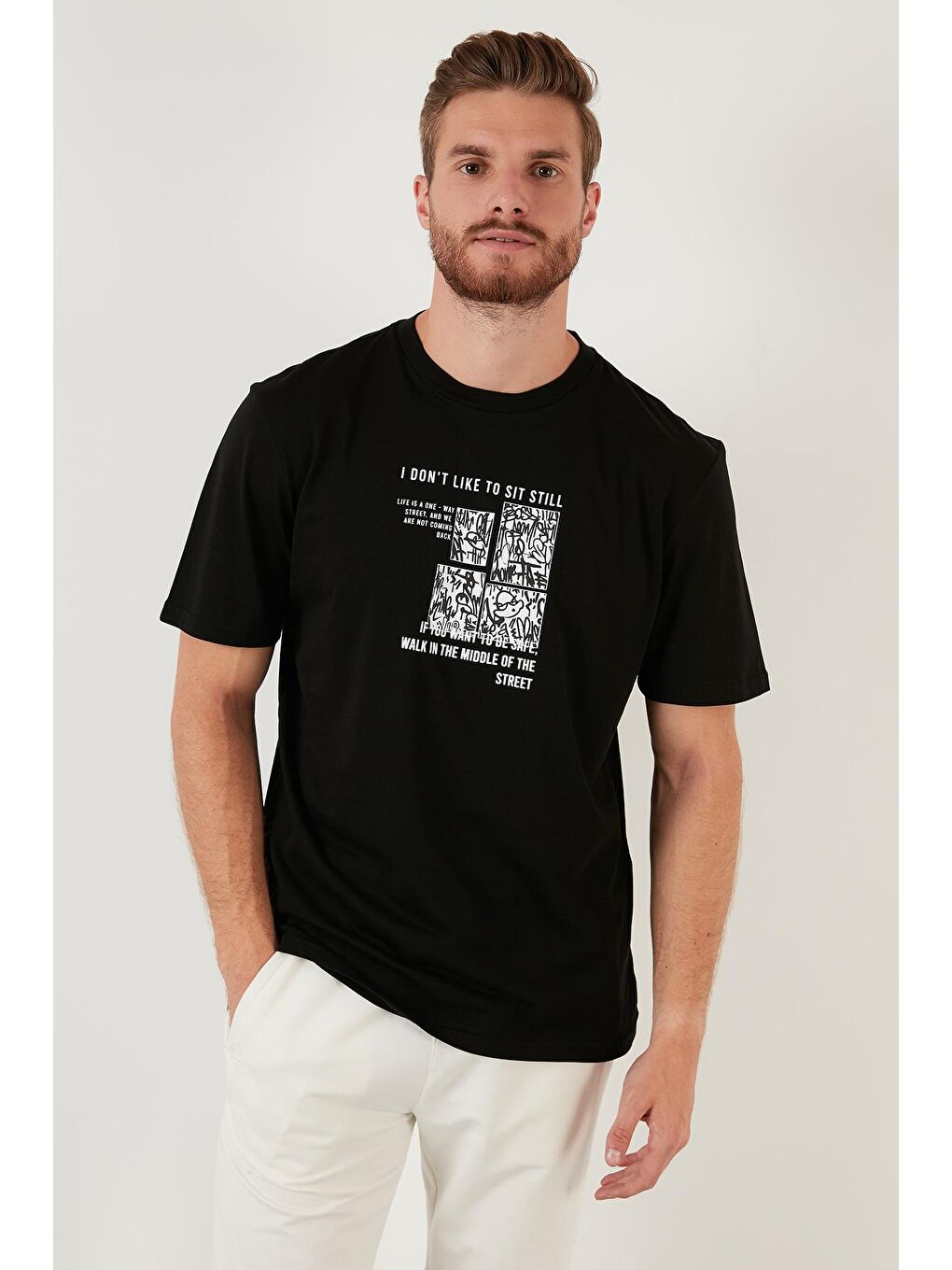 Siyah Baskılı Regular Fit Bisiklet Yaka %100 Pamuk Tişört 5727404-3