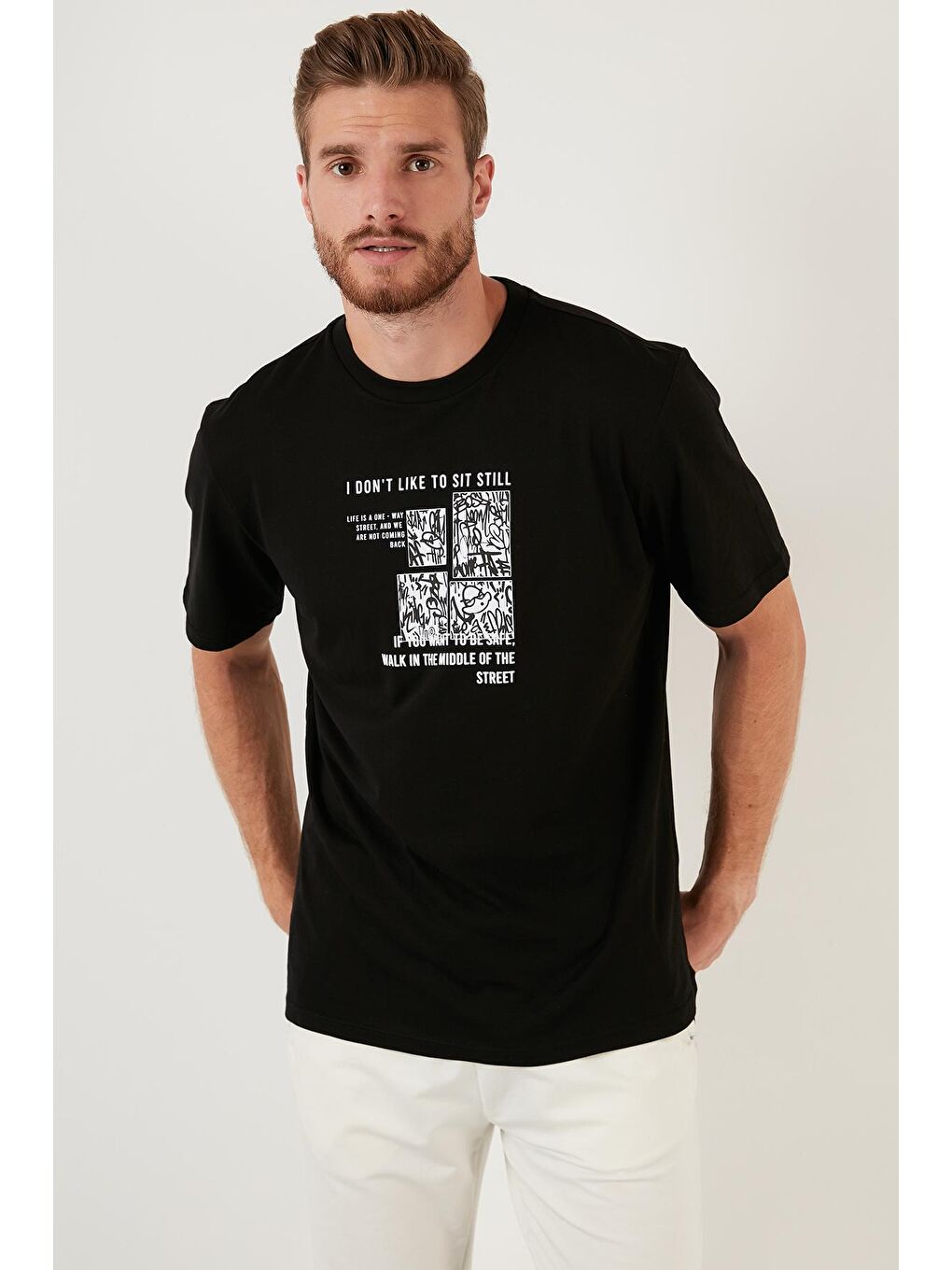 Siyah Baskılı Regular Fit Bisiklet Yaka %100 Pamuk Tişört 5727404-4