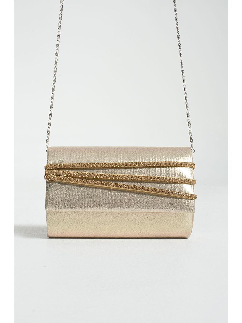 Sarı Saten Kumaş 3 Şerit Taşlı Zincir Askılı Kadın Abiye Çantası BAG524-23-3