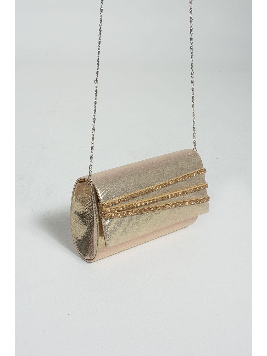 Sarı Saten Kumaş 3 Şerit Taşlı Zincir Askılı Kadın Abiye Çantası BAG524-23-4