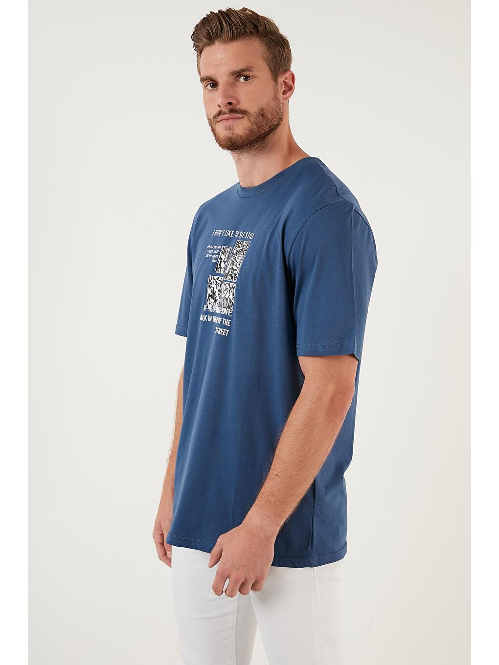 İndigo Baskılı Regular Fit Bisiklet Yaka %100 Pamuk Tişört 5727404