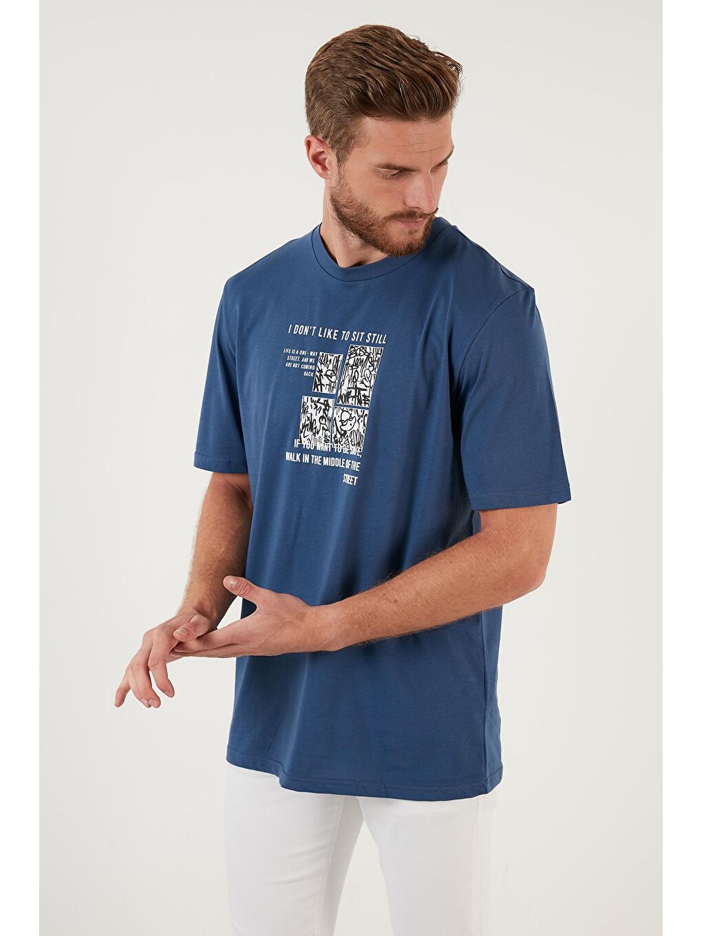 İndigo Baskılı Regular Fit Bisiklet Yaka %100 Pamuk Tişört 5727404-1