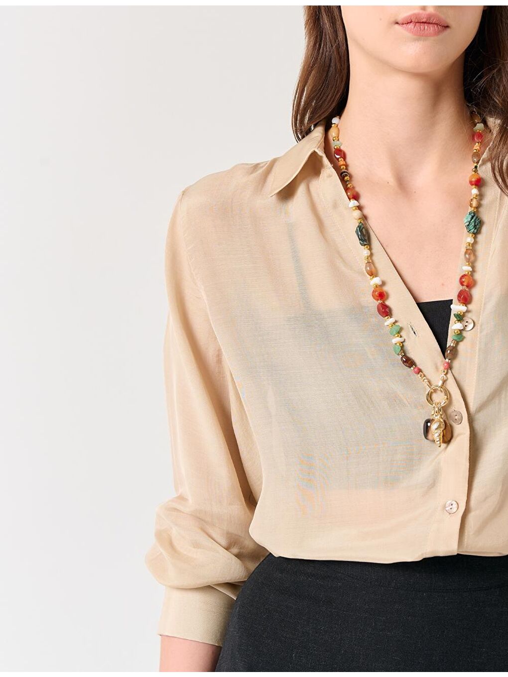 Bej Taş Uzun Kollu Gömlek Yaka Dokuma Gömlek-2