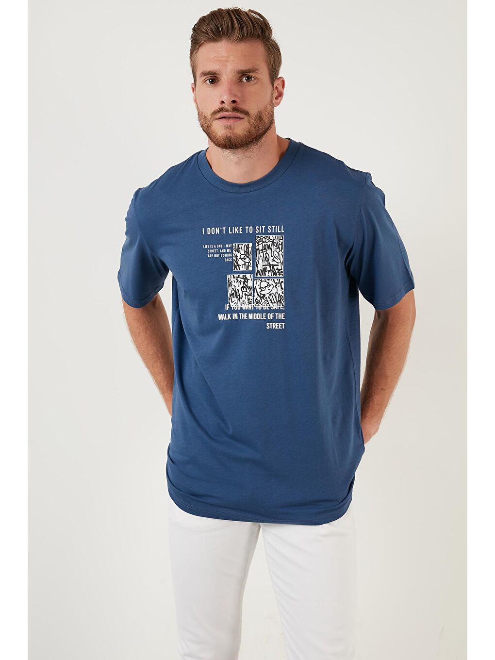 İndigo Baskılı Regular Fit Bisiklet Yaka %100 Pamuk Tişört 5727404-2