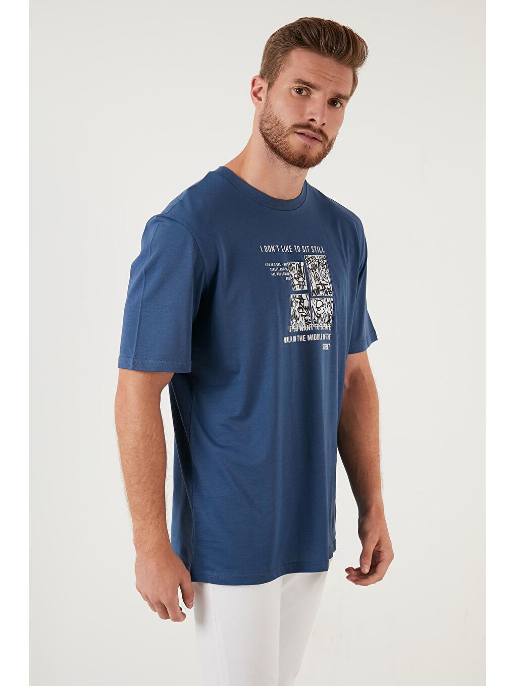 İndigo Baskılı Regular Fit Bisiklet Yaka %100 Pamuk Tişört 5727404-3