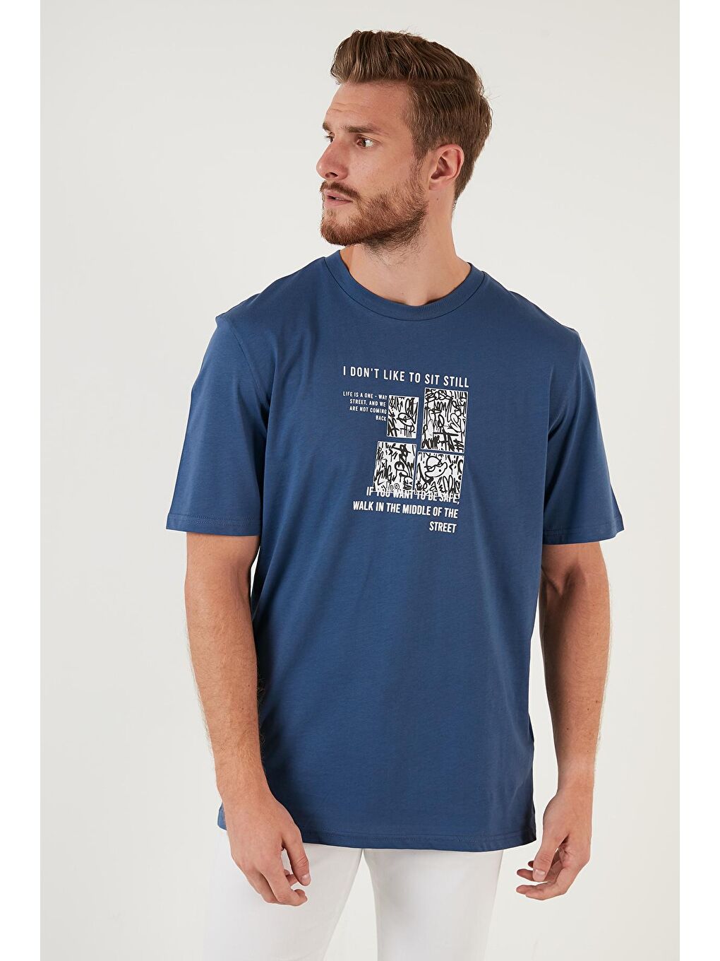 İndigo Baskılı Regular Fit Bisiklet Yaka %100 Pamuk Tişört 5727404-4