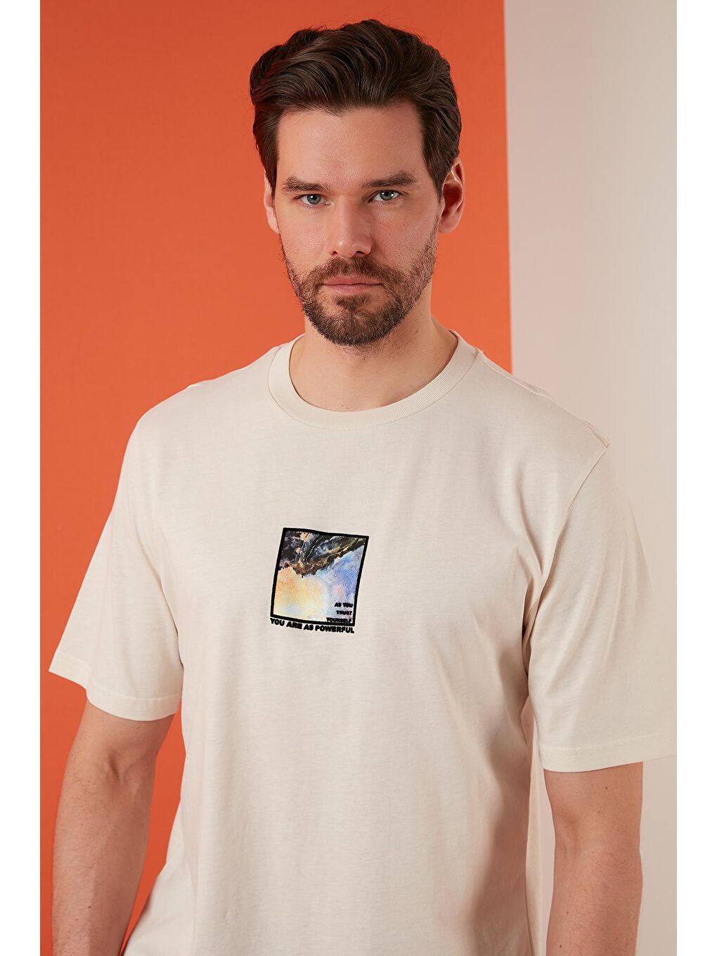 Bej Baskılı Oversize Bisiklet Yaka %100 Pamuk Tişört 5727405