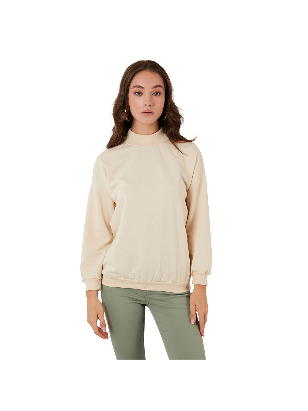 Bej Pamuklu Dik Yaka Basic Örme Kadın Sweat 5863323-6