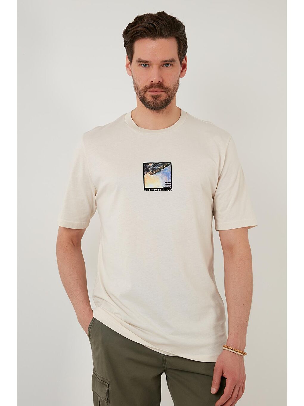 Bej Baskılı Oversize Bisiklet Yaka %100 Pamuk Tişört 5727405-2