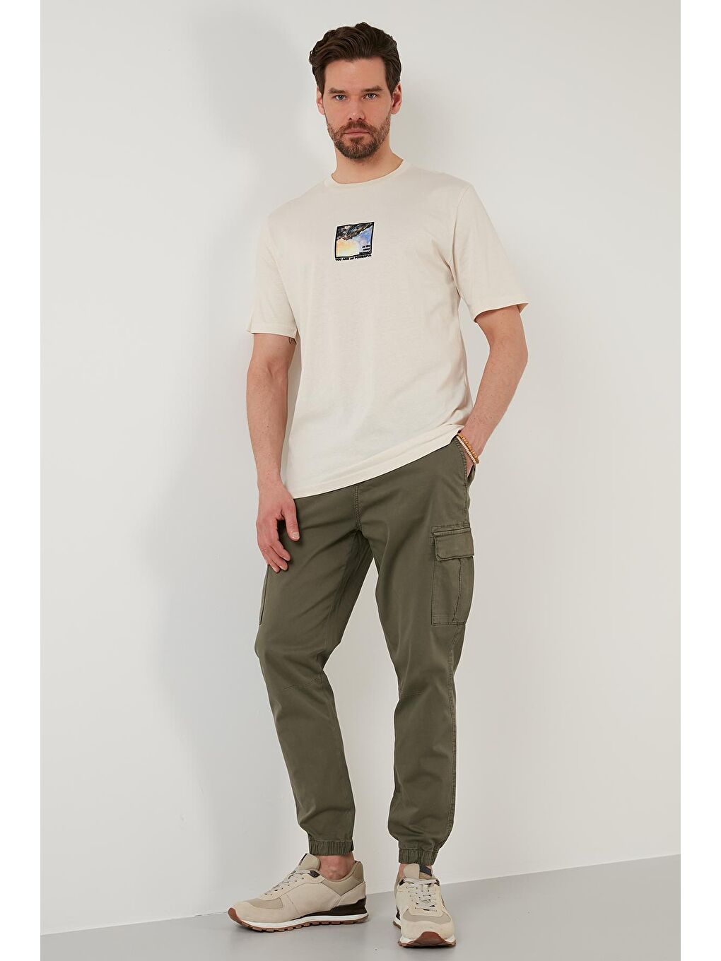 Bej Baskılı Oversize Bisiklet Yaka %100 Pamuk Tişört 5727405-3