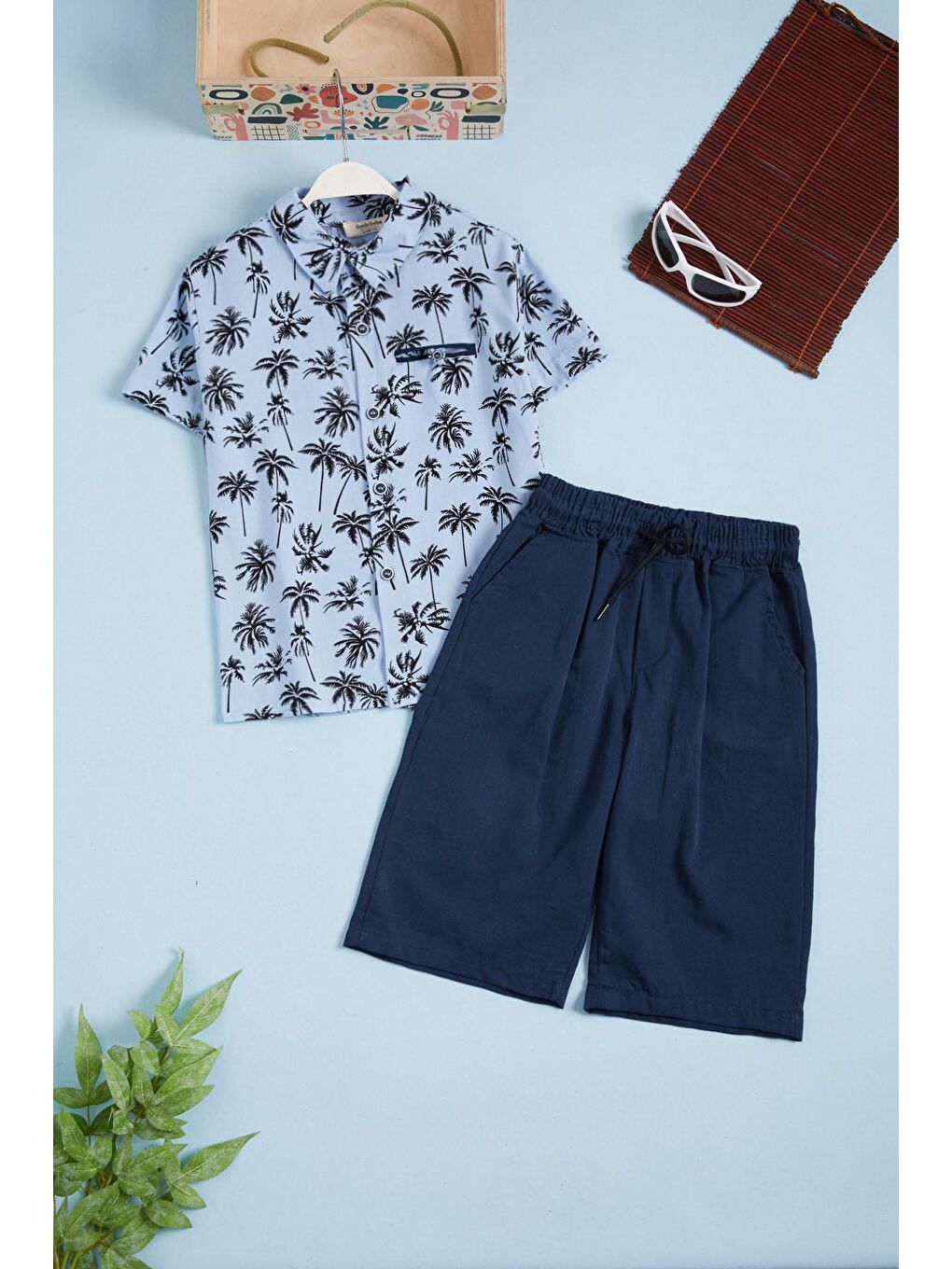 Mavi Palmiye Baskı Gömlekli Şortlu Erkek Takım 15645-1