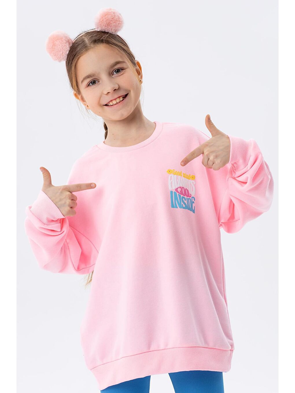 Breeze Pudra Pembe Kız Çocuk Sweatshirt Renkli Yazı Baskılı Pudra (9-14 Yaş)