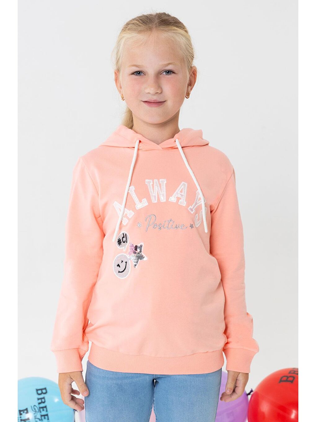 Pembe Kız Çocuk Sweatshirt Pullu Simli Gülenyüz Baskılı Somon (4-9 Yaş)