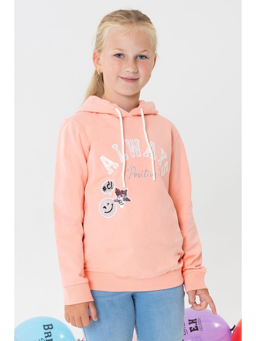 Pembe Kız Çocuk Sweatshirt Pullu Simli Gülenyüz Baskılı Somon (4-9 Yaş)-1