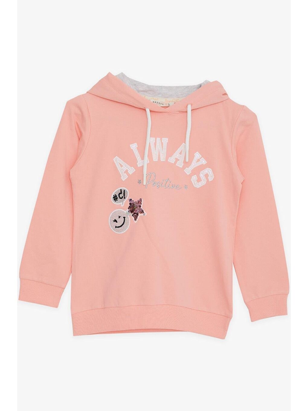 Pembe Kız Çocuk Sweatshirt Pullu Simli Gülenyüz Baskılı Somon (4-9 Yaş)-2