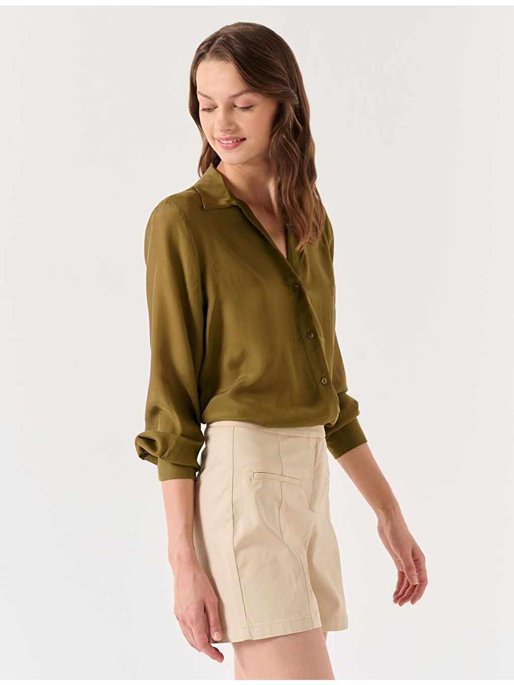 Haki Uzun Kollu Gömlek Yaka Dokuma Gömlek