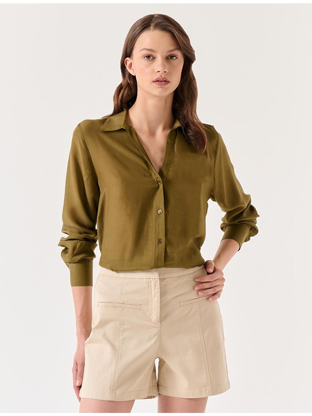 Haki Uzun Kollu Gömlek Yaka Dokuma Gömlek-1